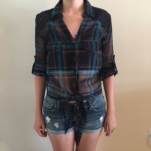 Rue21 Sheer plaid crochet back front tie blouse